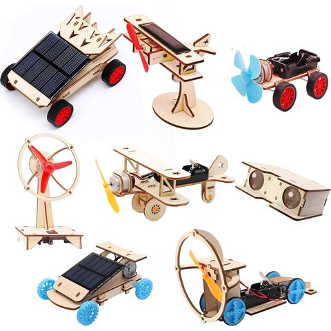 wooden solar motor kit set with biplane and binoculars