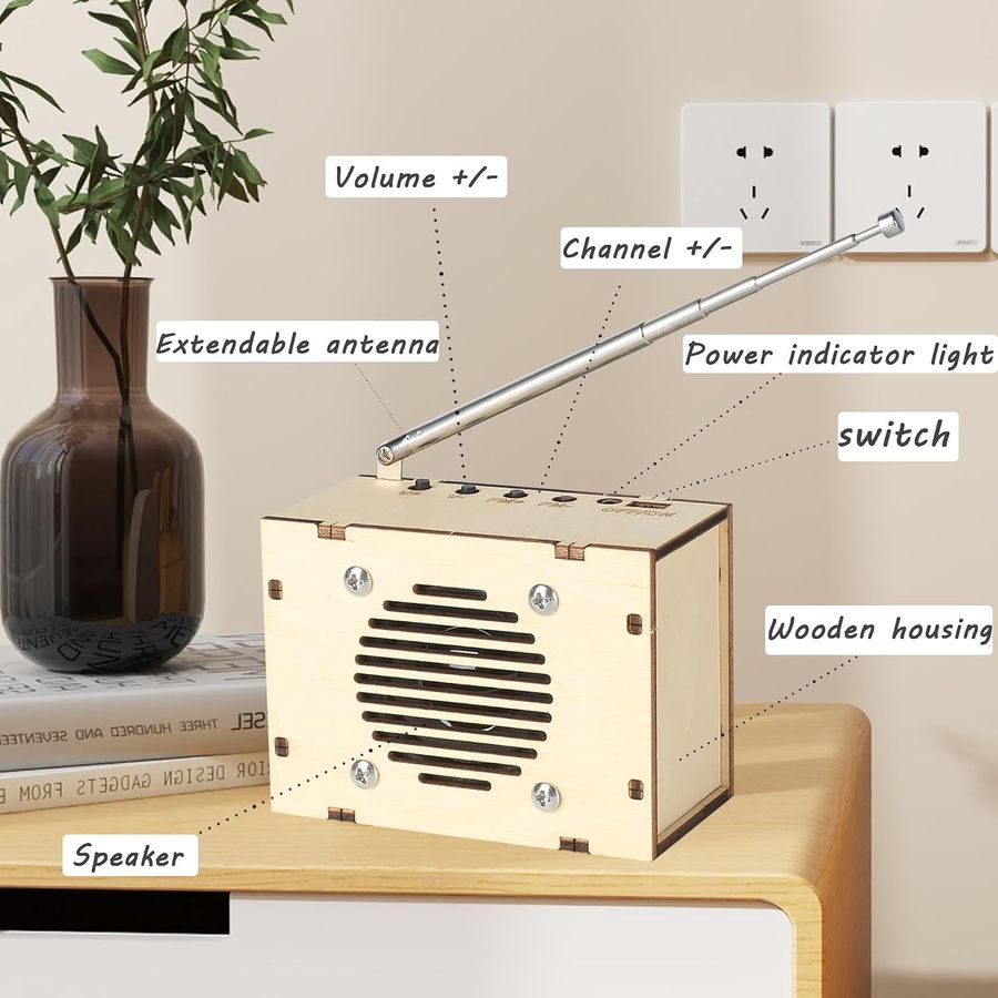 small wooden fm radio kit with telescoping antenna view 5