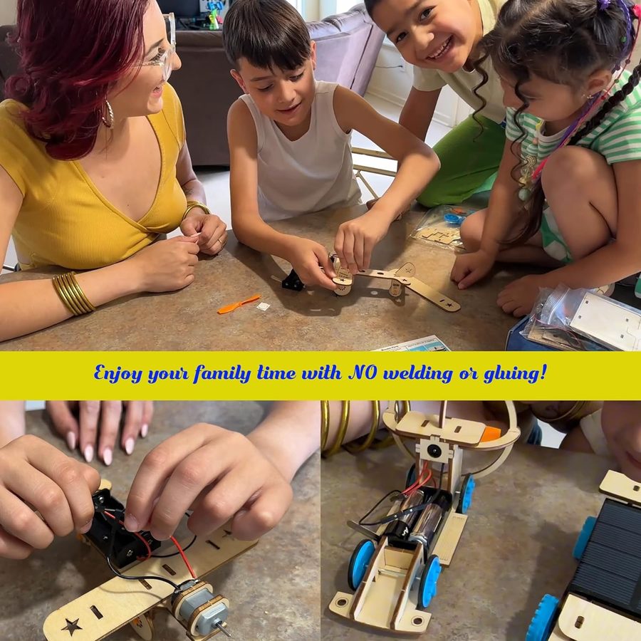 Family building CYOEST solar STEM kits together at a table