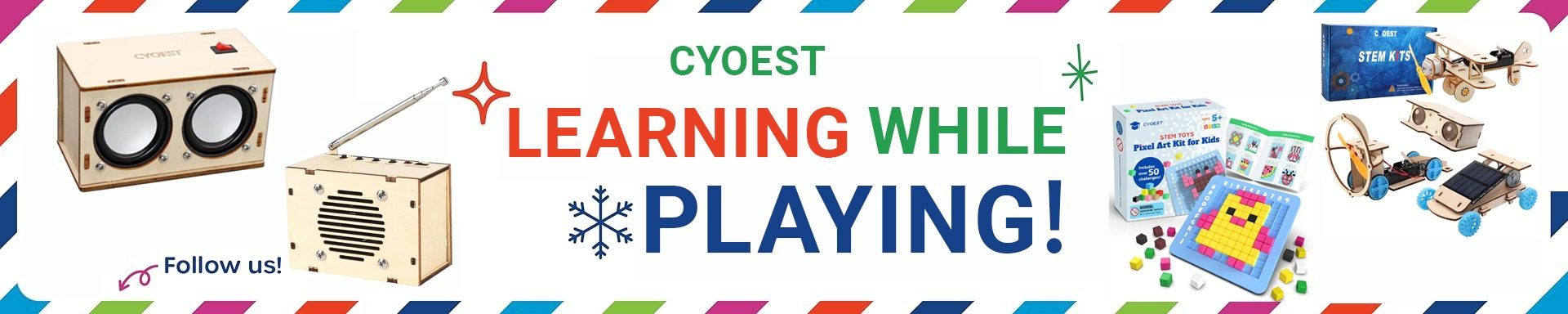 CYOEST learning while playing banner with speaker, radio, pixel art and solar kits